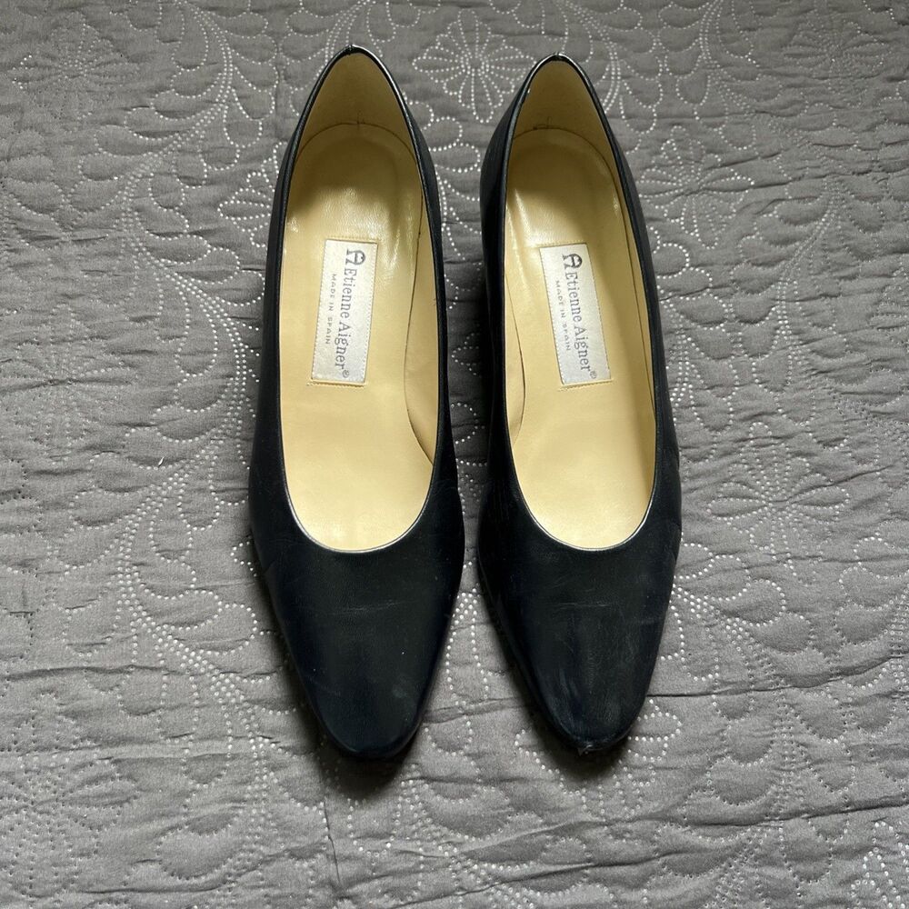 VTG 1980's Etienne Aigner Madison Navy Leather Chunky Heel Pumps SZ 8M Comfort
